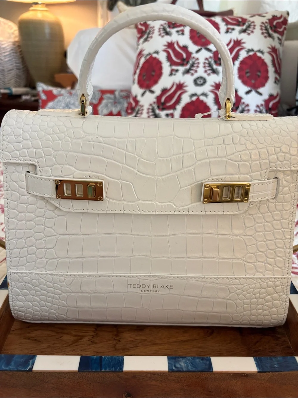 NWOT Teddy Blake AVA 11 White Croc-Embossed Leather Satchel with Gold Hardware